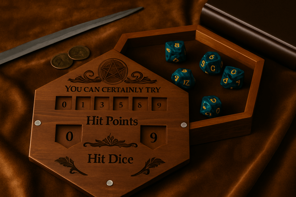 Handmade wooden dice box displayed on a fantasy DnD table