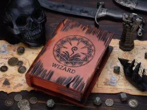 Dice Box Relic – handcrafted wooden dice storage with engraved fantasy emblem