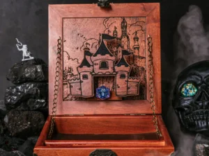 Arcane Tower Box – handcrafted wooden dice tower with engraved fantasy design