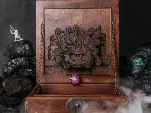 Arcane Tower Box – handcrafted wooden dice tower with engraved fantasy design