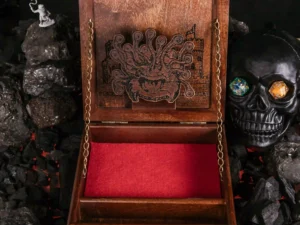 Arcane Tower Box – handcrafted wooden dice tower with engraved fantasy design