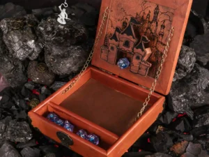 Arcane Tower Box – handcrafted wooden dice tower with engraved fantasy design