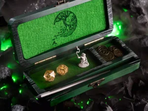 Dice DnD Burned Vault – handcrafted wooden dice storage box with engraved polyhedral dice design