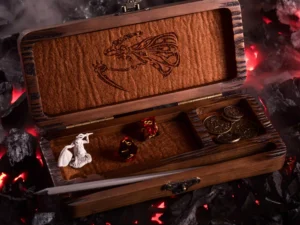 Dice DnD Burned Vault – handcrafted wooden dice storage box with engraved polyhedral dice design