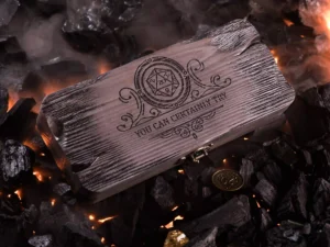 Dice DnD Burned Vault – handcrafted wooden dice storage box with engraved polyhedral dice design