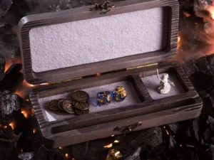 Dice DnD Burned Vault – handcrafted wooden dice storage box with engraved polyhedral dice design