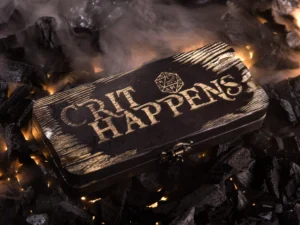 Dice DnD Burned Vault – handcrafted wooden dice storage box with engraved polyhedral dice design