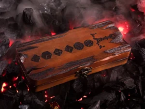 Dice DnD Burned Vault – handcrafted wooden dice storage box with engraved polyhedral dice design