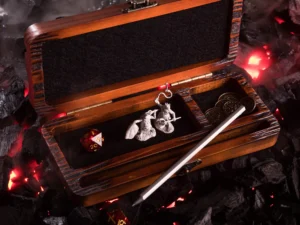Dice DnD Burned Vault – handcrafted wooden dice storage box with engraved polyhedral dice design
