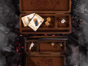Dice DnD Burned Vault – handcrafted wooden dice storage box with engraved polyhedral dice design