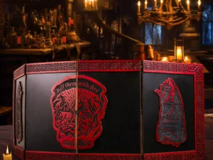 Wooden 3D DM screen with engraved design for tabletop role-playing games