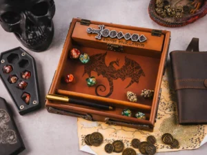 3D wooden dice tray with engraved design and gaming accessories