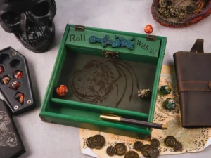 3D wooden dice tray with engraved design and gaming accessories