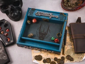 3D wooden dice tray with engraved design and gaming accessories