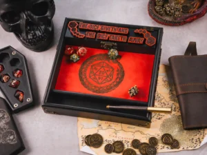 3D wooden dice tray with engraved design and gaming accessories