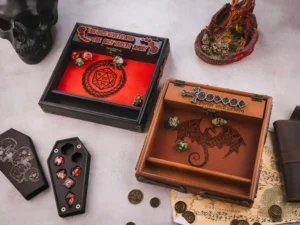 3D wooden dice tray with engraved design and gaming accessories