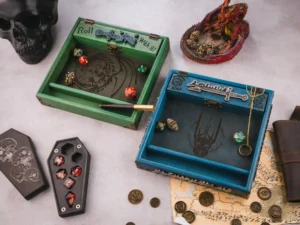3D wooden dice tray with engraved design and gaming accessories