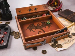 3D wooden dice tray with engraved design and gaming accessories