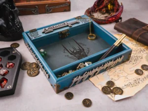 3D wooden dice tray with engraved design and gaming accessories