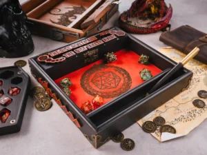 3D wooden dice tray with engraved design and gaming accessories