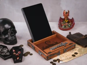3D wooden dice tray with engraved design and gaming accessories
