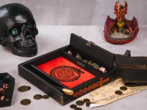 3D wooden dice tray with engraved design and gaming accessories