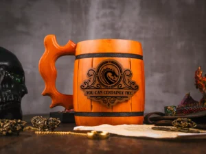Wooden DnD mug – handcrafted fantasy-themed tankard with engraved design for tabletop role-playing games