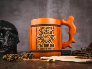 Wooden DnD mug – handcrafted fantasy-themed tankard with engraved design for tabletop role-playing games