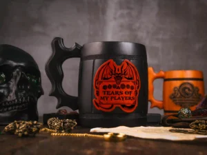 Wooden DnD mug – handcrafted fantasy-themed tankard with engraved design for tabletop role-playing games