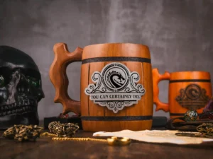Wooden DnD mug – handcrafted fantasy-themed tankard with engraved design for tabletop role-playing games