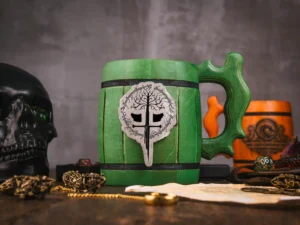 Wooden DnD mug – handcrafted fantasy-themed tankard with engraved design for tabletop role-playing games