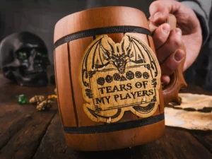 Wooden DnD mug – handcrafted fantasy-themed tankard with engraved design for tabletop role-playing games