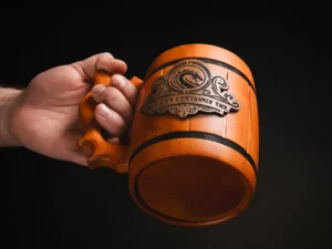Wooden DnD mug – handcrafted fantasy-themed tankard with engraved design for tabletop role-playing games