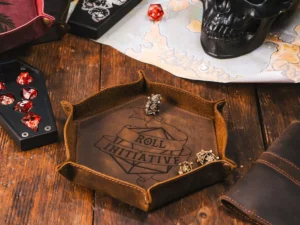 Leather Rolling Dice Tray – foldable leather tray for tabletop gaming dice with engraving