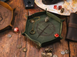 Leather Rolling Dice Tray – foldable leather tray for tabletop gaming dice with engraving