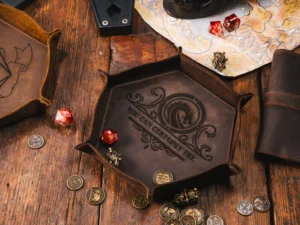 Leather Rolling Dice Tray – foldable leather tray for tabletop gaming dice with engraving