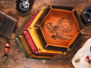 Leather Rolling Dice Tray – foldable leather tray for tabletop gaming dice with engraving