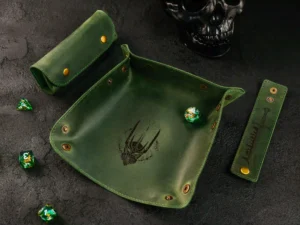 Leather Dice Tray – foldable leather tray for tabletop gaming dice with engraved fantasy design