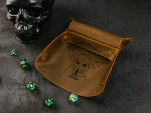 Leather Dice Tray – foldable leather tray for tabletop gaming dice with engraved fantasy design