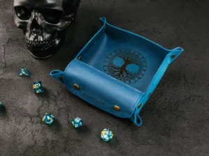 Leather Dice Tray – foldable leather tray for tabletop gaming dice with engraved fantasy design