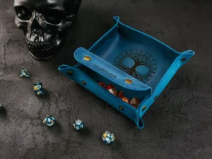 Leather Dice Tray – foldable leather tray for tabletop gaming dice with engraved fantasy design