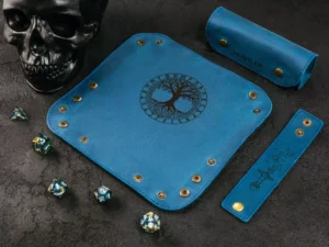 Leather Dice Tray – foldable leather tray for tabletop gaming dice with engraved fantasy design