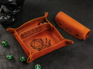 Leather Dice Tray – foldable leather tray for tabletop gaming dice with engraved fantasy design
