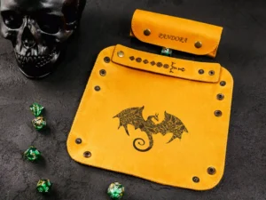 Leather Dice Tray – foldable leather tray for tabletop gaming dice with engraved fantasy design