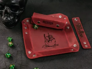 Leather Dice Tray – foldable leather tray for tabletop gaming dice with engraved fantasy design