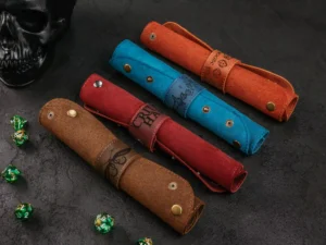 Leather Dice Tray – foldable leather tray for tabletop gaming dice with engraved fantasy design