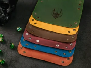Leather Dice Tray – foldable leather tray for tabletop gaming dice with engraved fantasy design