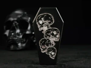 Coffin-shaped dice case with engraved skull design