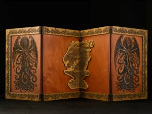 Wooden 3D DM screen with engraved design for tabletop role-playing games