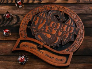Dungeon master coaster – wooden tabletop gaming coaster with engraved fantasy-themed design
